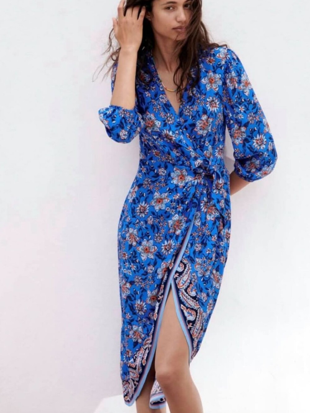 Zara Floral Wrap Midi Dress Blue Boho Long Sleeve Tie Waist Women's XS